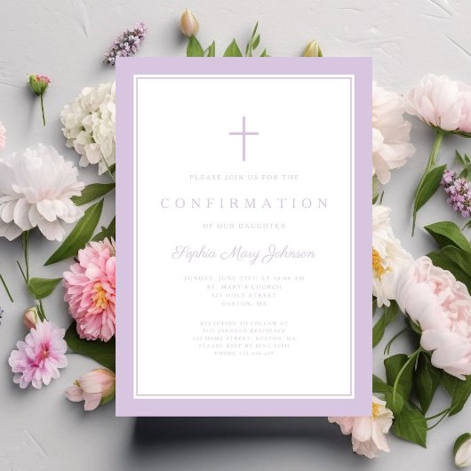 Invitation Confirmation Fille de Croix Violette Moderne