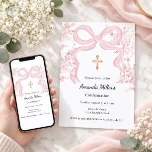 Invitation Confirmation fille fleurs ruban rose