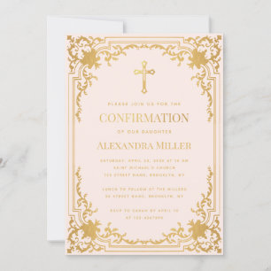 Invitation Confirmation Fille Rose Faux Or Vintage Religieux