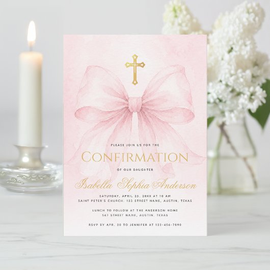 Invitation Confirmation Fille Ruban Rose Croix Dorée Fausse É