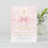 Invitation Confirmation Fille Ruban Rose Croix Dorée Fausse É (Debout devant)