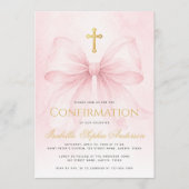 Invitation Confirmation Fille Ruban Rose Croix Dorée Fausse É (Devant)