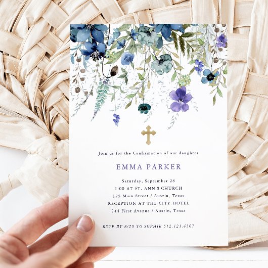 Invitation Confirmation Fleur sauvage délicate violet et bleu