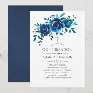 Invitation Confirmation Fleurie Bleu Marine et Blanc