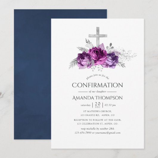Invitation Confirmation Fleurie prune et marine (Devant / Derrière)