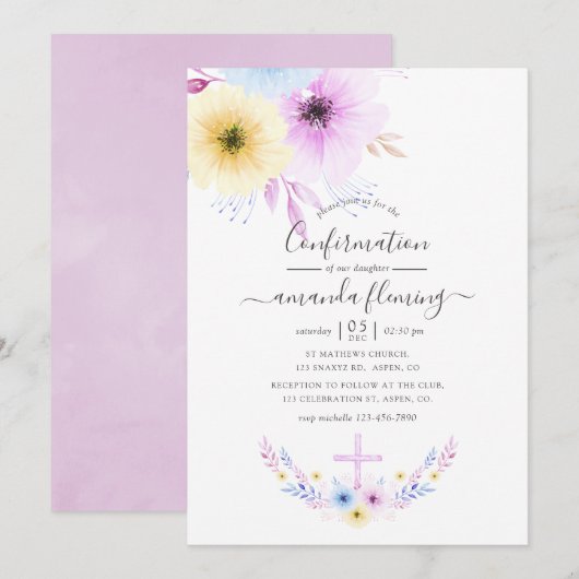 Invitation Confirmation Fleurie Rose et Bleue Pastel (Devant / Derrière)