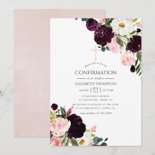Invitation Confirmation Fleurie Rose Pâle et Bourgogne (Devant / Derrière)