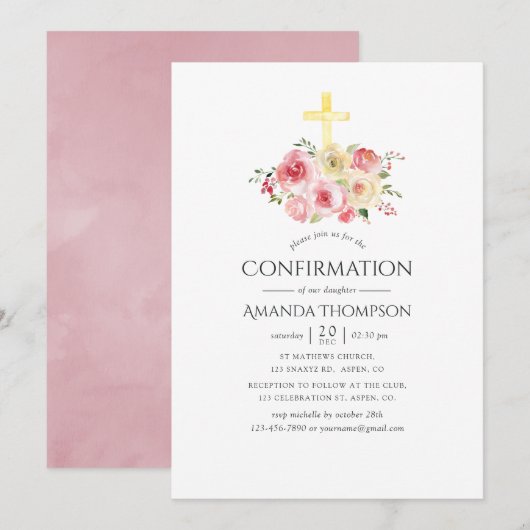 Invitation Confirmation Fleurie Rose Pâle et Jaune (Devant / Derrière)
