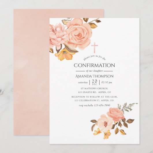 Invitation Confirmation Fleurie Rose Pâle et Or (Devant / Derrière)