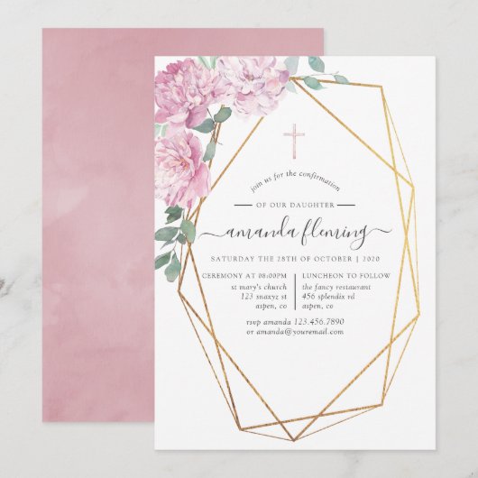 Invitation Confirmation Fleurie Rose Pâle Géométrique (Devant / Derrière)