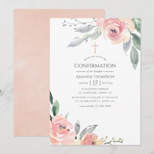 Invitation Confirmation Fleurie Rose Pâle Pastel (Devant / Derrière)