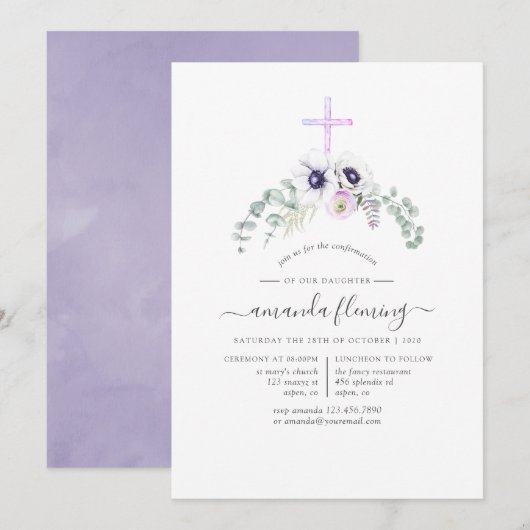 Invitation Confirmation Fleurie Violet Poussiéreux (Devant / Derrière)