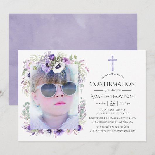 Invitation Confirmation Fleurie Violet Poussiéreux (Devant / Derrière)