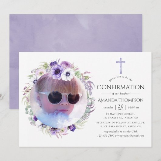 Invitation Confirmation Fleurie Violet Poussiéreux (Devant / Derrière)