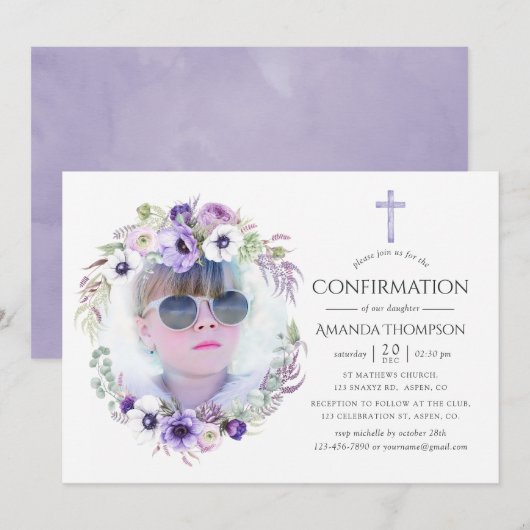 Invitation Confirmation Fleurie Violet Poussiéreux (Devant / Derrière)