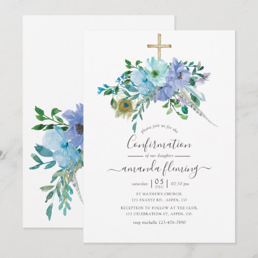 Invitation Confirmation florale bohème aquarelle verte et ble (Devant / Derrière)