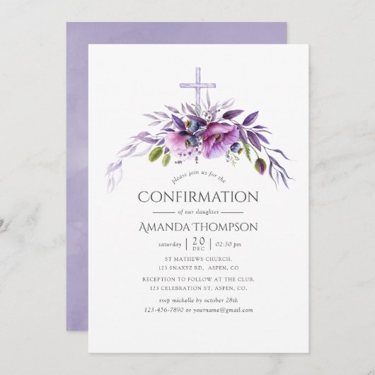 Invitation Confirmation florale du coquelet de violet poussié (Devant / Derrière)