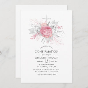Invitation Confirmation florale en argent et rose Iridescente