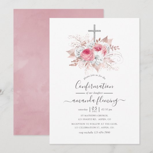 Invitation Confirmation florale or et rose (Devant / Derrière)