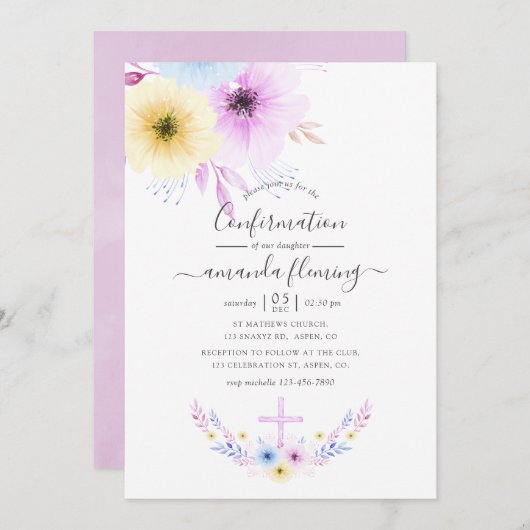 Invitation Confirmation florale Pastel rose et bleu (Devant / Derrière)