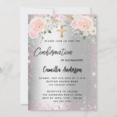 Invitation Confirmation florale rose argent fille luxe (Devant)