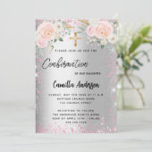 Invitation Confirmation florale rose argent fille luxe (Debout devant)