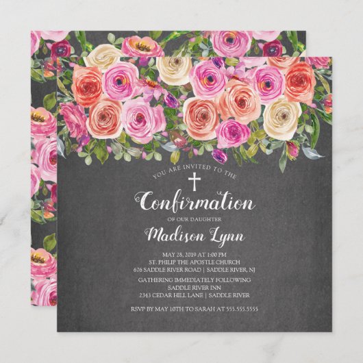 Invitation Confirmation florale rose Chalkboard moderne (Devant / Derrière)