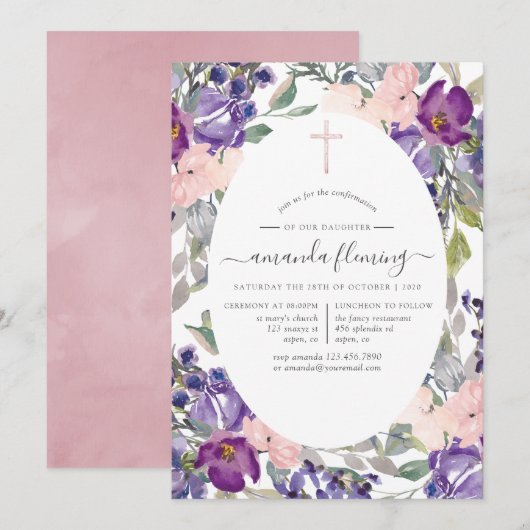 Invitation Confirmation florale rose et prune (Devant / Derrière)