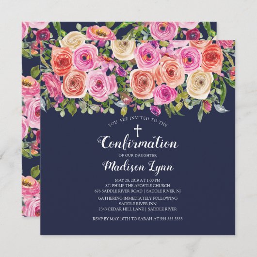 Invitation Confirmation florale rose marine moderne (Devant / Derrière)