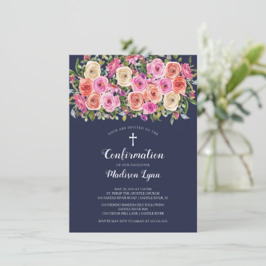 Invitation CONFIRMATION Florale rose moderne (Debout devant)