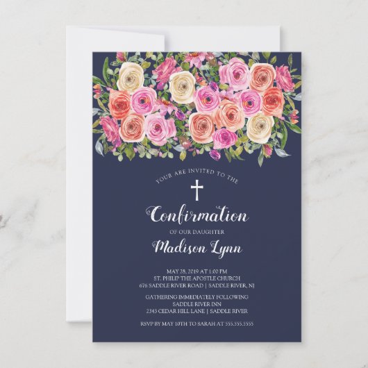 Invitation CONFIRMATION Florale rose moderne (Devant)