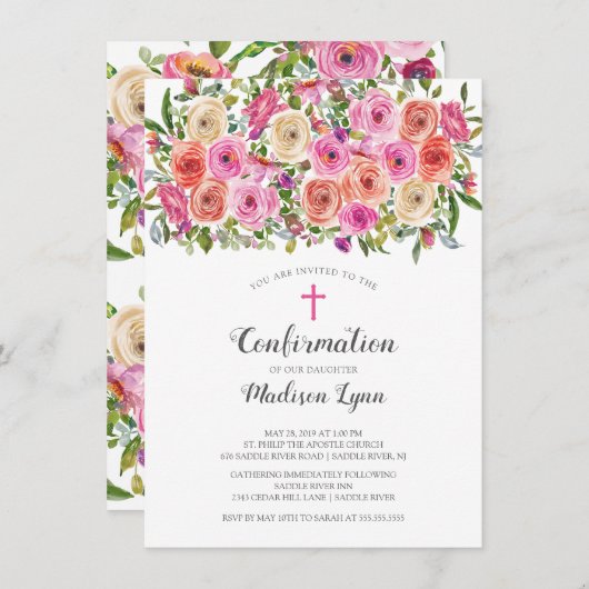 Invitation Confirmation florale rose moderne (Devant / Derrière)