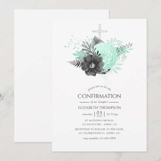 Invitation Confirmation Florale Rustique Aqua et Charbon (Devant / Derrière)