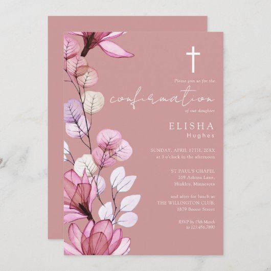 Invitation Confirmation florale transparente de Dusty Rose (Devant / Derrière)