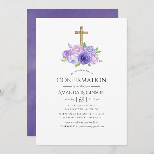 Invitation Confirmation florale ultra violette (Devant / Derrière)