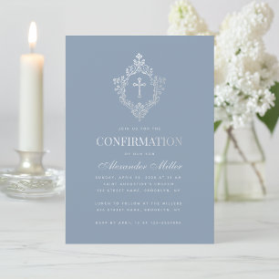 Invitation Confirmation Garçon Bleu Dusty Faux Argent Crest