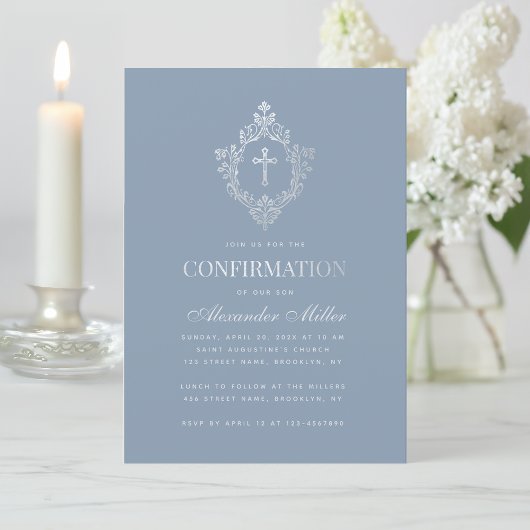 Invitation Confirmation Garçon Bleu Dusty Faux Argent Crest