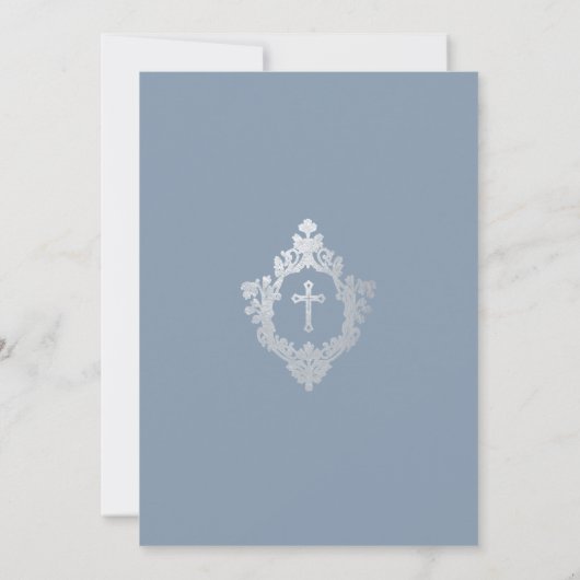 Invitation Confirmation Garçon Bleu Dusty Faux Argent Crest (Dos)