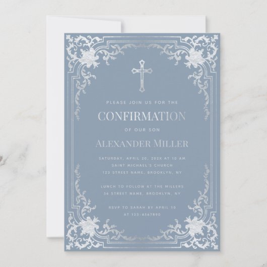 Invitation Confirmation Garçon Dusty Bleu Faux Argent Religie (Devant)
