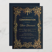 Invitation Confirmation Garçon Feuilles d'or bleu & Croix Vin (Devant / Derrière)
