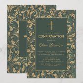 Invitation Confirmation Garçon Gold Croix Vert Vintage Chardo (Devant / Derrière)
