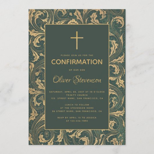Invitation Confirmation Garçon Gold Croix Vert Vintage Chardo (Devant)