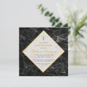Invitation Confirmation Garçon Marbre noir blanc Faux Gold Fo (Debout devant)