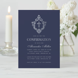 Invitation Confirmation Garçon Marine Blue Faux Silver Crest 