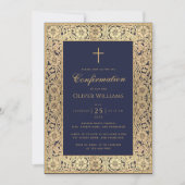 Invitation Confirmation Garçon Marine Blue Gold Roses Frame (Devant)