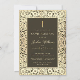 Invitation Confirmation Garçon Or Noir Élégant Vintage Floral