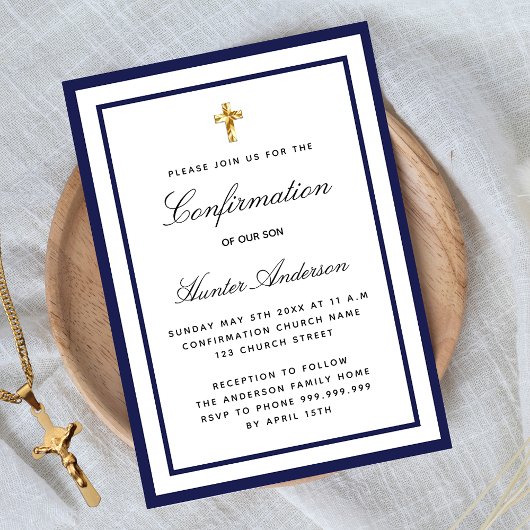 Invitation Confirmation garçon royal bleu blanc luxe