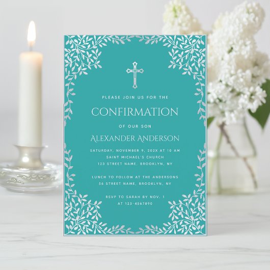 Invitation Confirmation Garçon Turquoise Faux Argent Feuilles