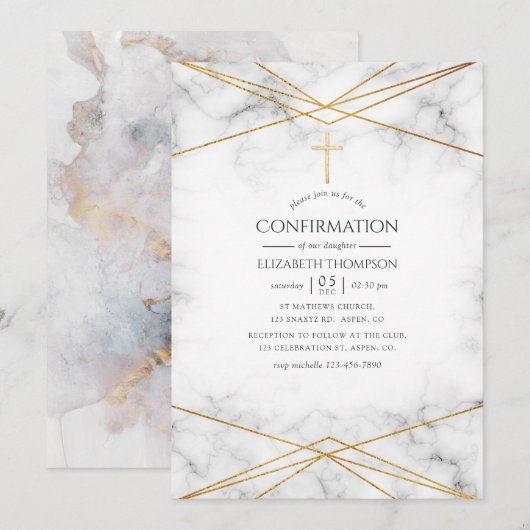 Invitation Confirmation Géométrique Marbre Doré (Devant / Derrière)