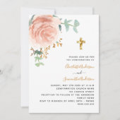 Invitation Confirmation jumeaux filles rose or croix florale (Devant)